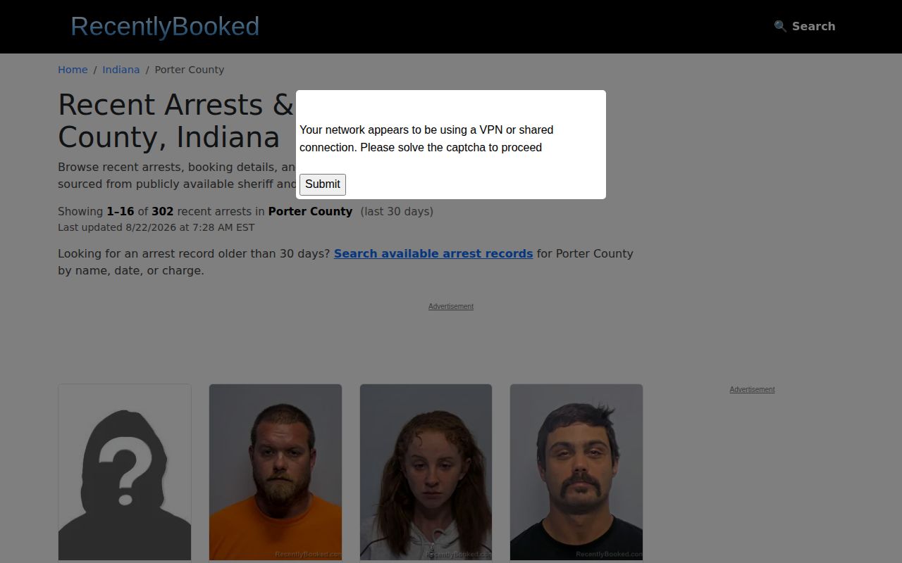 Unofficial Recently Booked Porter County booking interface