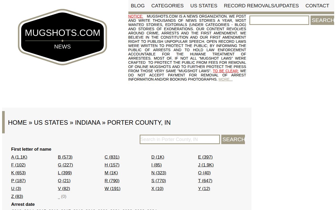 Unofficial Mugshots.com older Porter County records landing