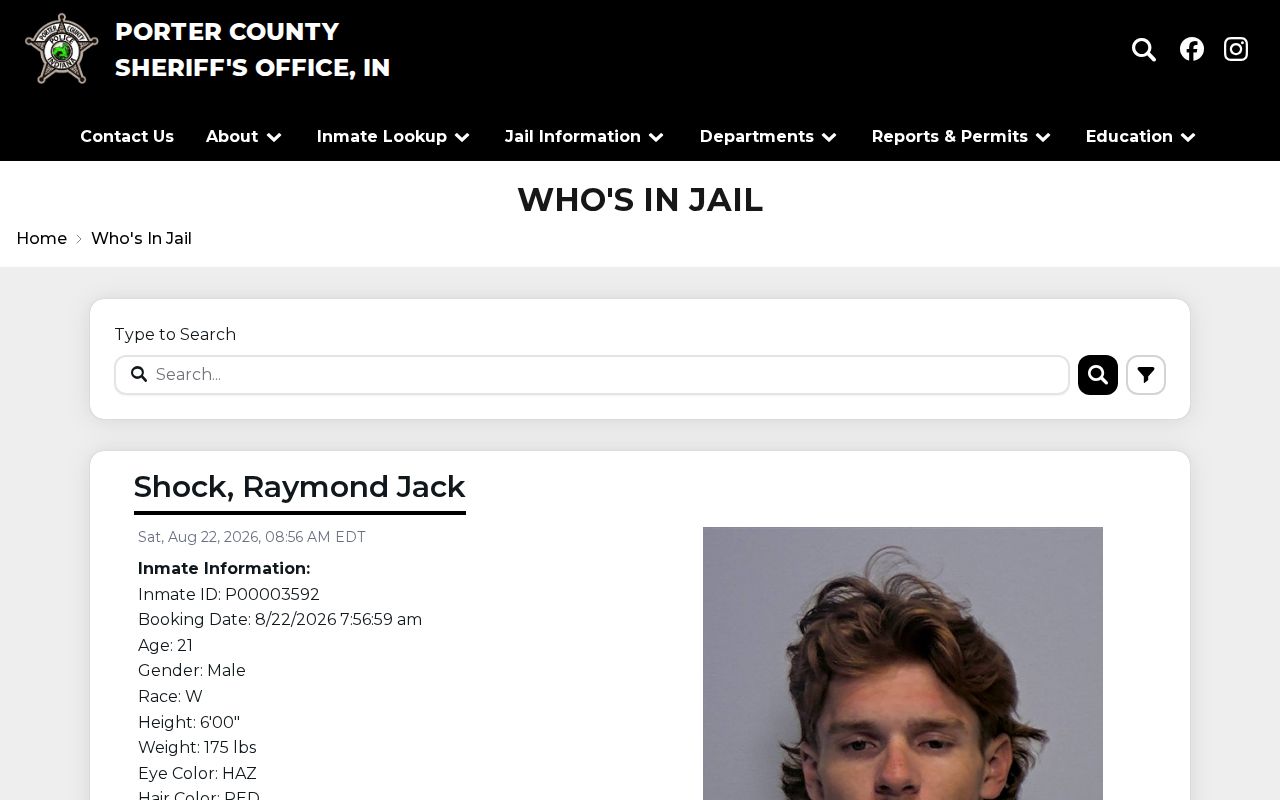 Porter County current custody jail roster booking search