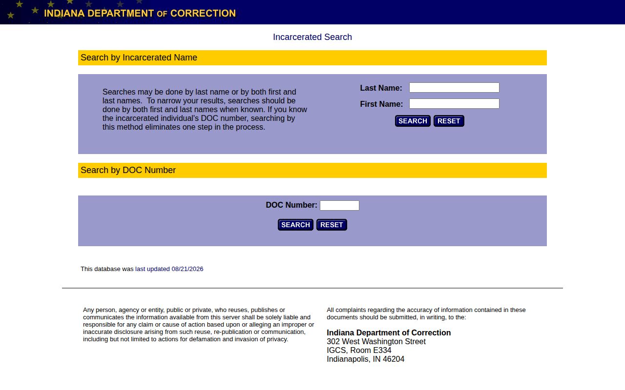 Indiana DOC search for Porter County state custody records