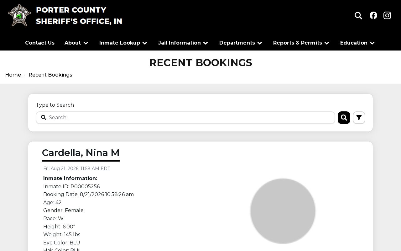 Porter County recent booking feed mugshot interface
