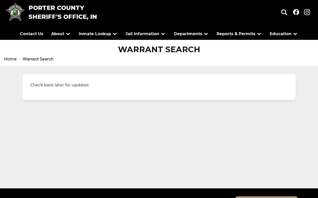 Porter County official warrant page empty state