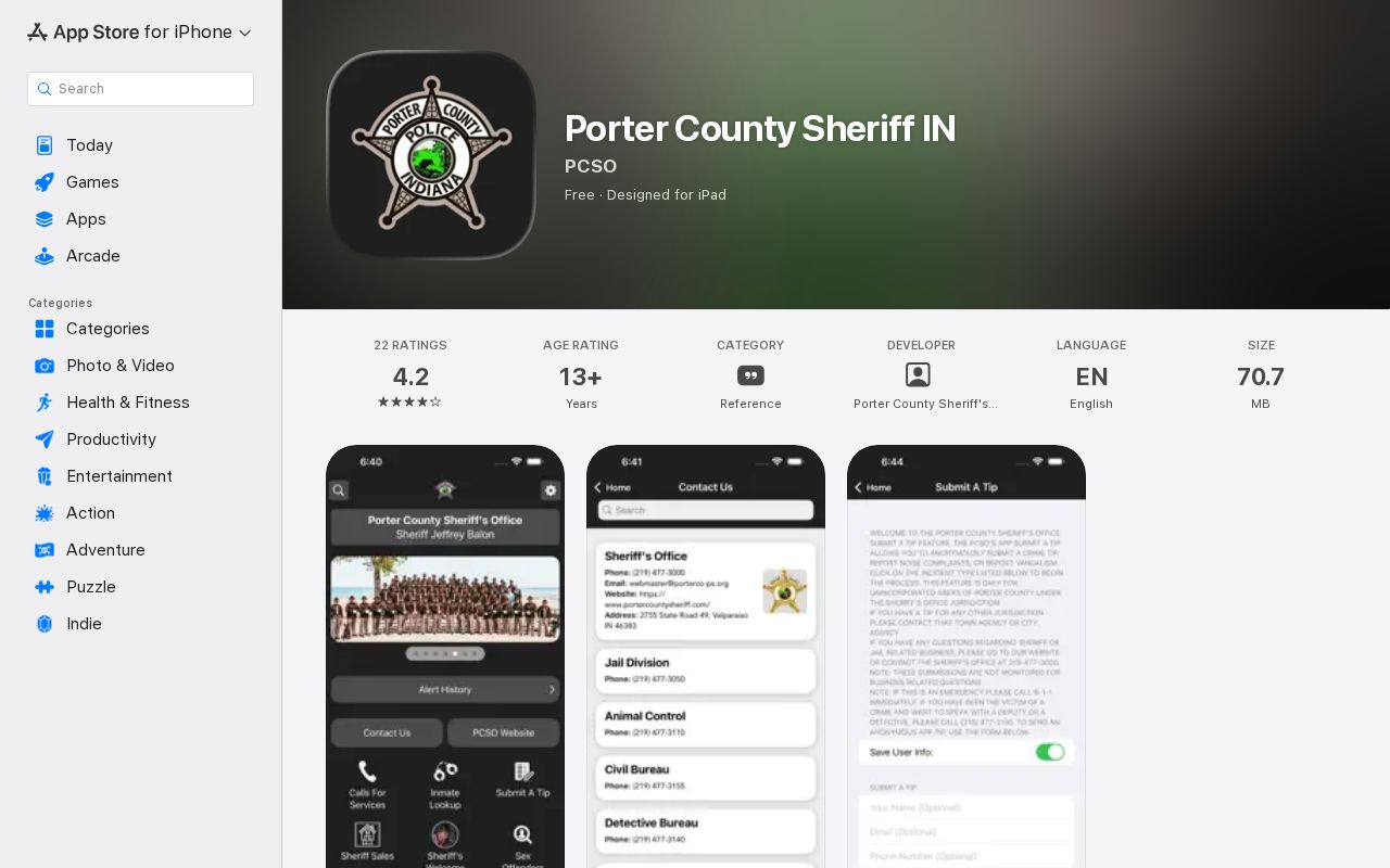 Porter County Sheriff app wanted and tip features