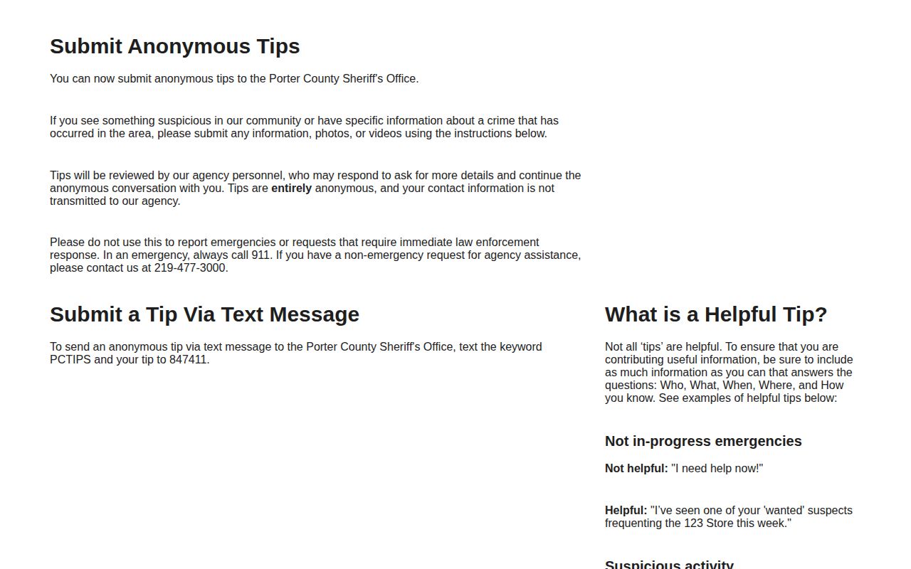 Porter County Sheriff official Tip411 submission portal