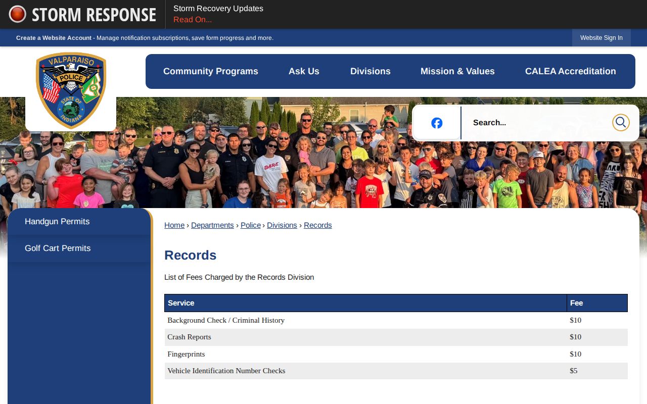 Valparaiso Police records interface for Porter County arrest reports